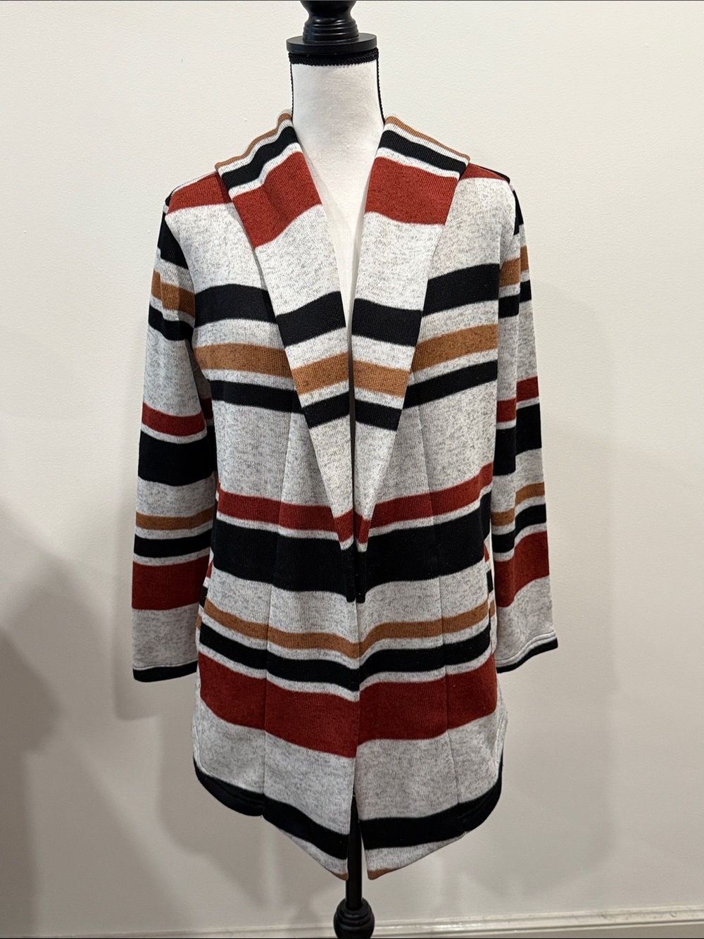 Maurices Hooded Striped Open-Front Cardigan Sweater in Gray, Black & Rust Sz S